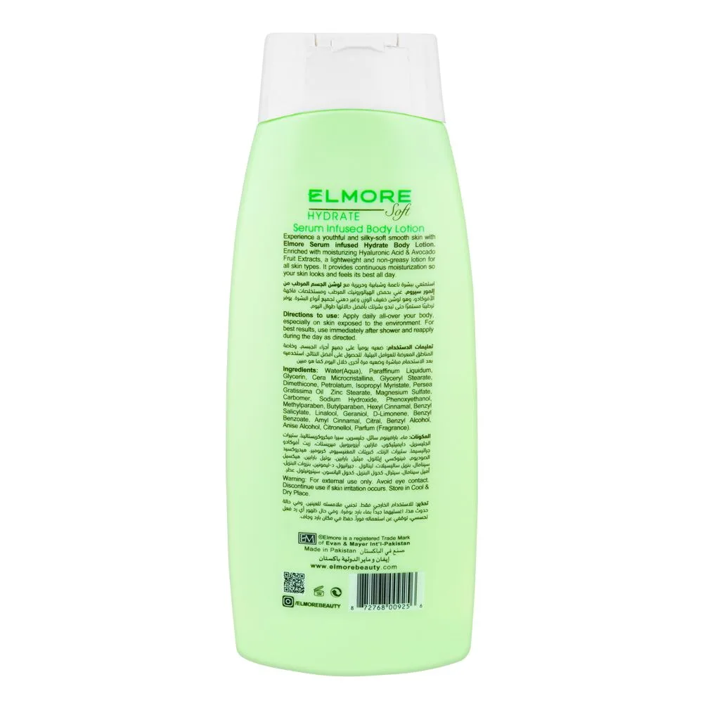 Side view of elmore soft skin hydrate natural moisturizing body lotion, all skin types, 250ml