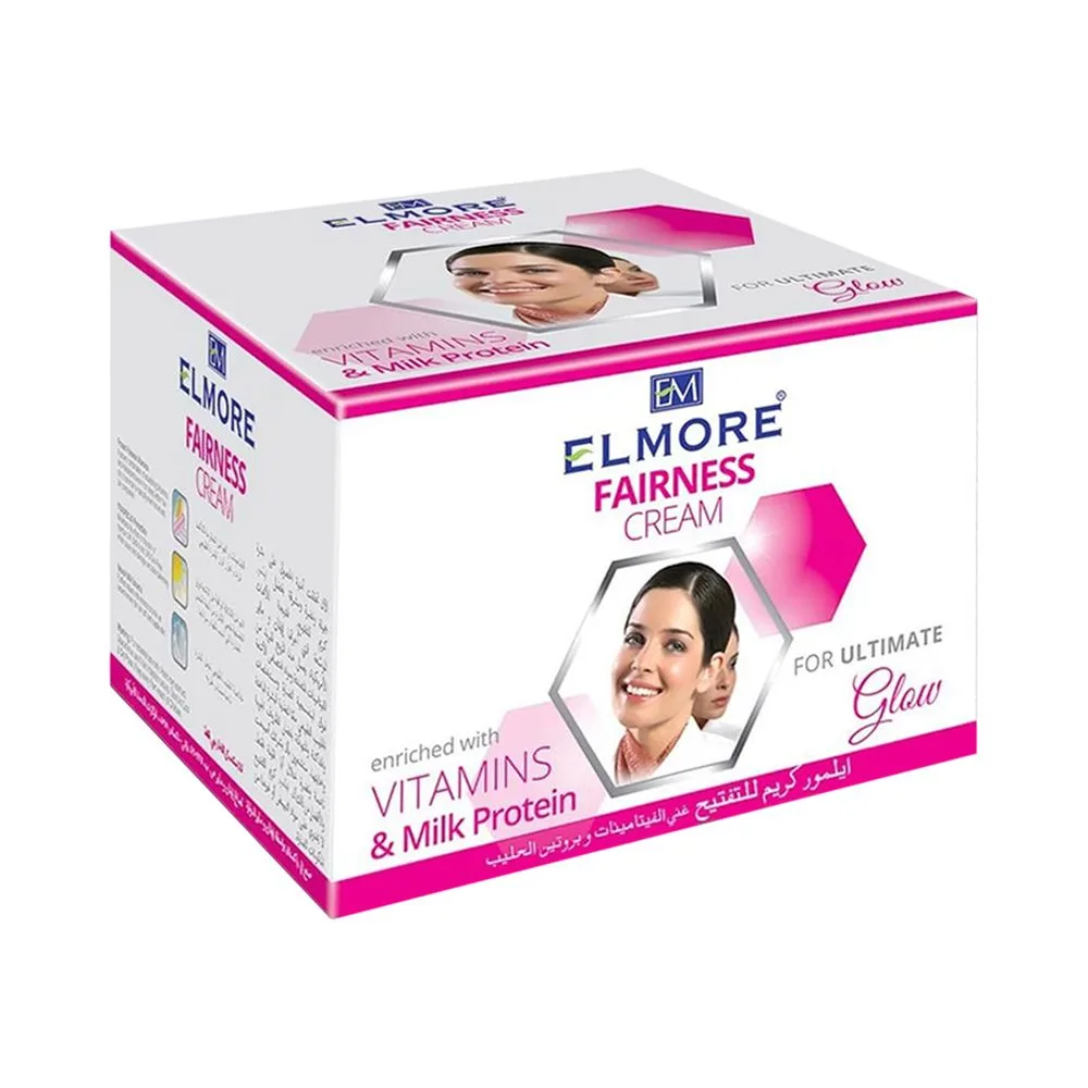Side view of elmore ultimate glow fairness cream, enriched with vitamins & milk protein, jar, 50ml