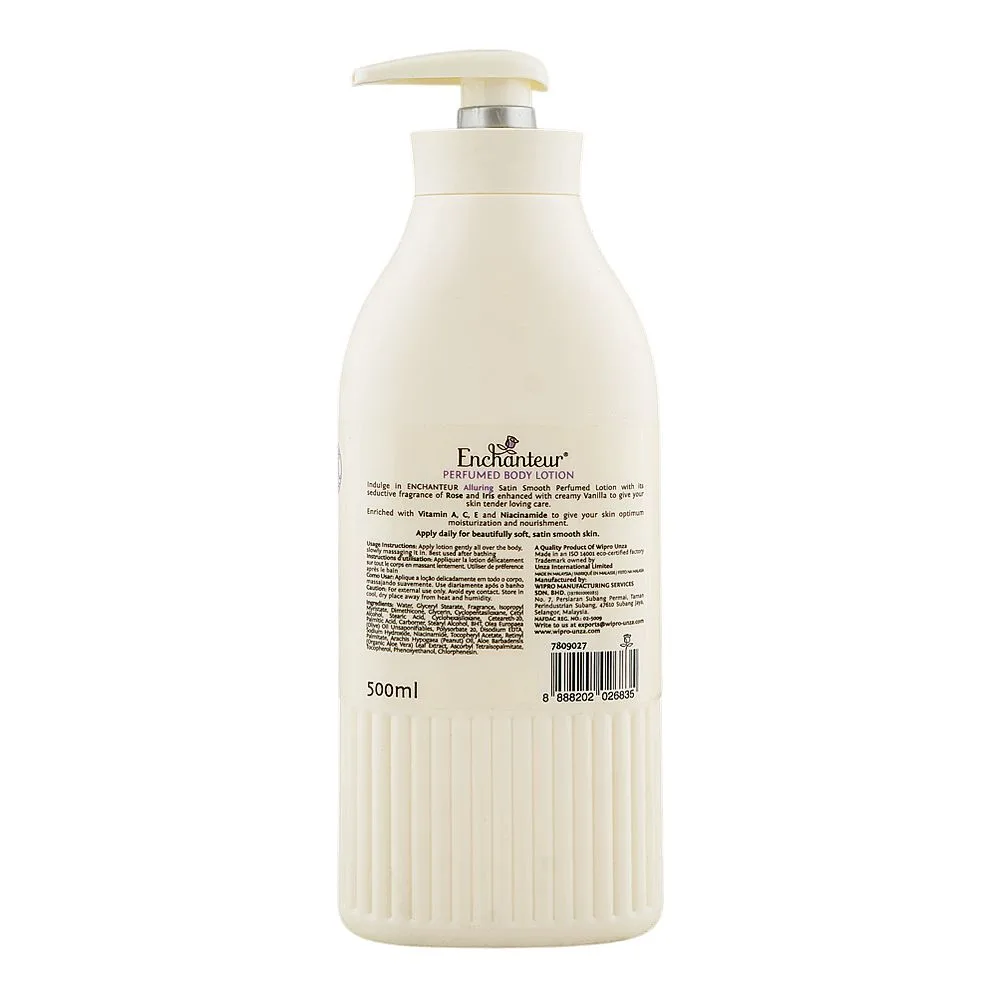 Side view of enchanteur satin smooth alluring perfumed body lotion pump 500ml