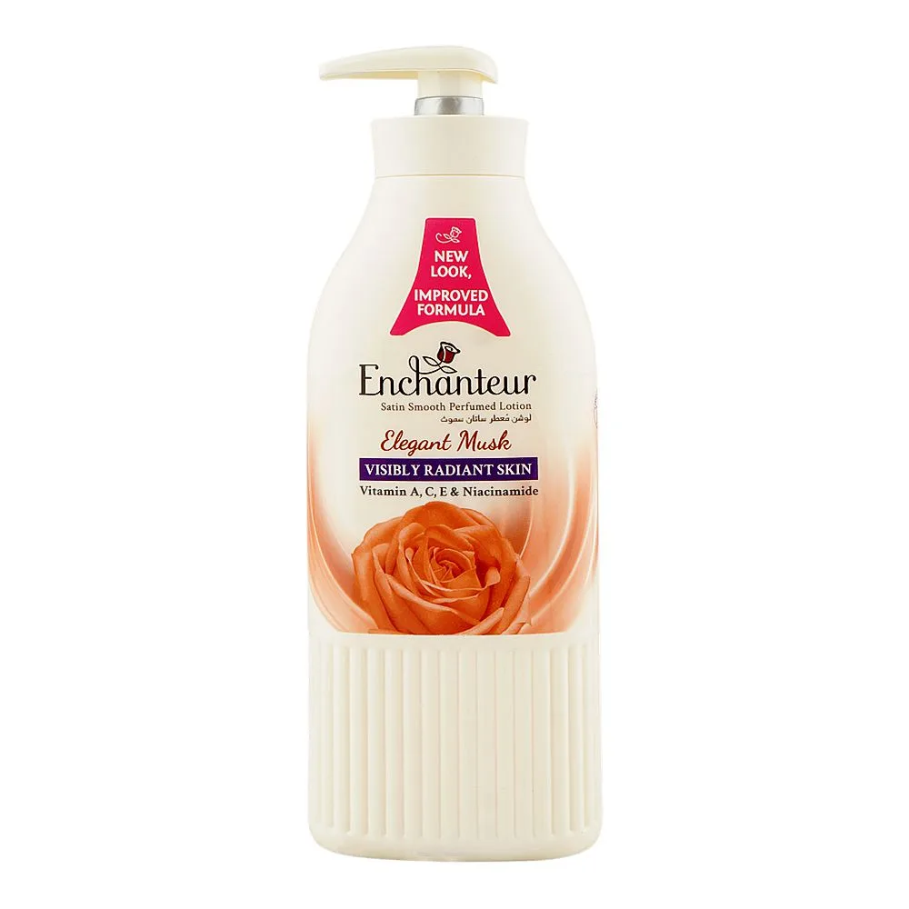 Enchanteur Satin Smooth Elegant Musk Perfumed Body Lotion Pump, Vitamin A & C, Niacinamide, For Radiant Skin, 500ml