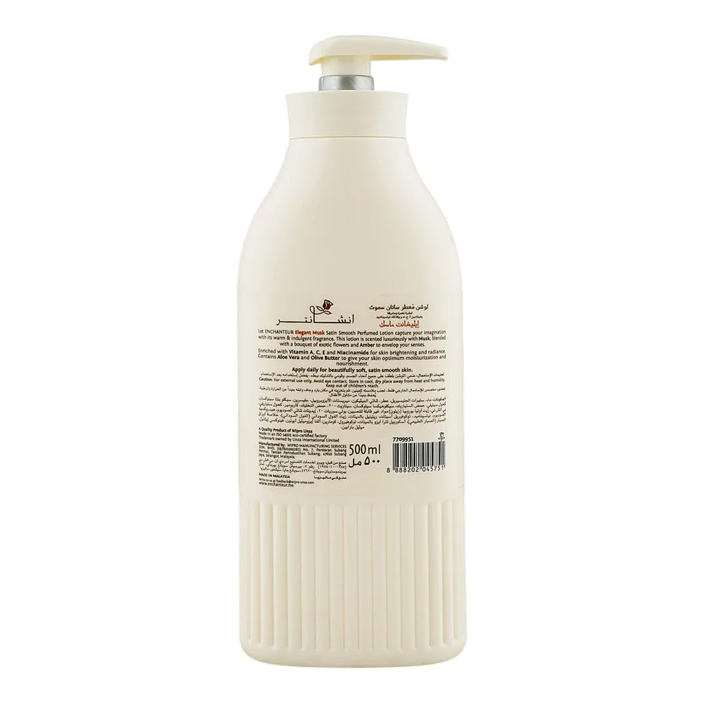 Side view of enchanteur satin smooth elegant musk perfumed body lotion pump, vitamin a & c, niacinamide, for radiant skin, 500ml