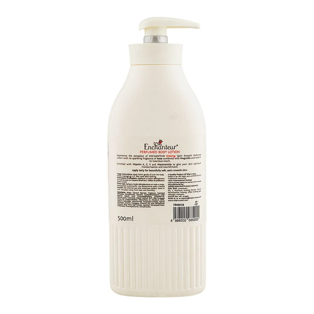Side view of enchanteur satin smooth enticing perfumed body lotion pump, vitamin a & c, niacinamide, for radiant skin, 500ml