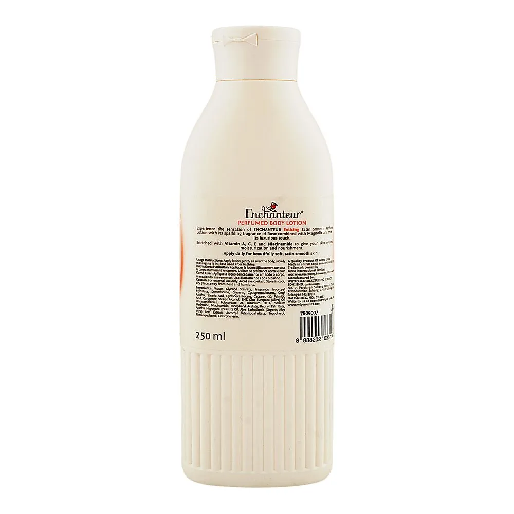 Side view of enchanteur satin smooth enticing perfumed body lotion, vitamin a & c, niacinamide, for radiant skin, 250ml