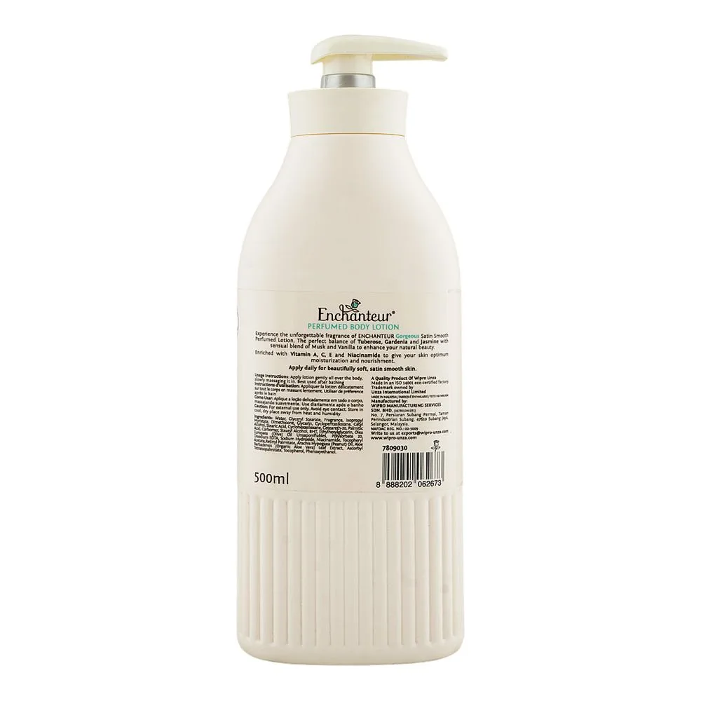 Side view of enchanteur satin smooth gorgeous perfumed body lotion pump, vitamin a & c, niacinamide, for radiant skin, 500ml