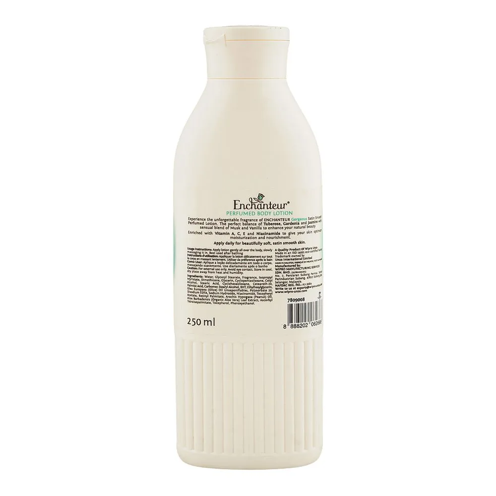 Side view of enchanteur satin smooth gorgeous perfumed body lotion, vitamin a & c, niacinamide, for radiant skin, 250ml