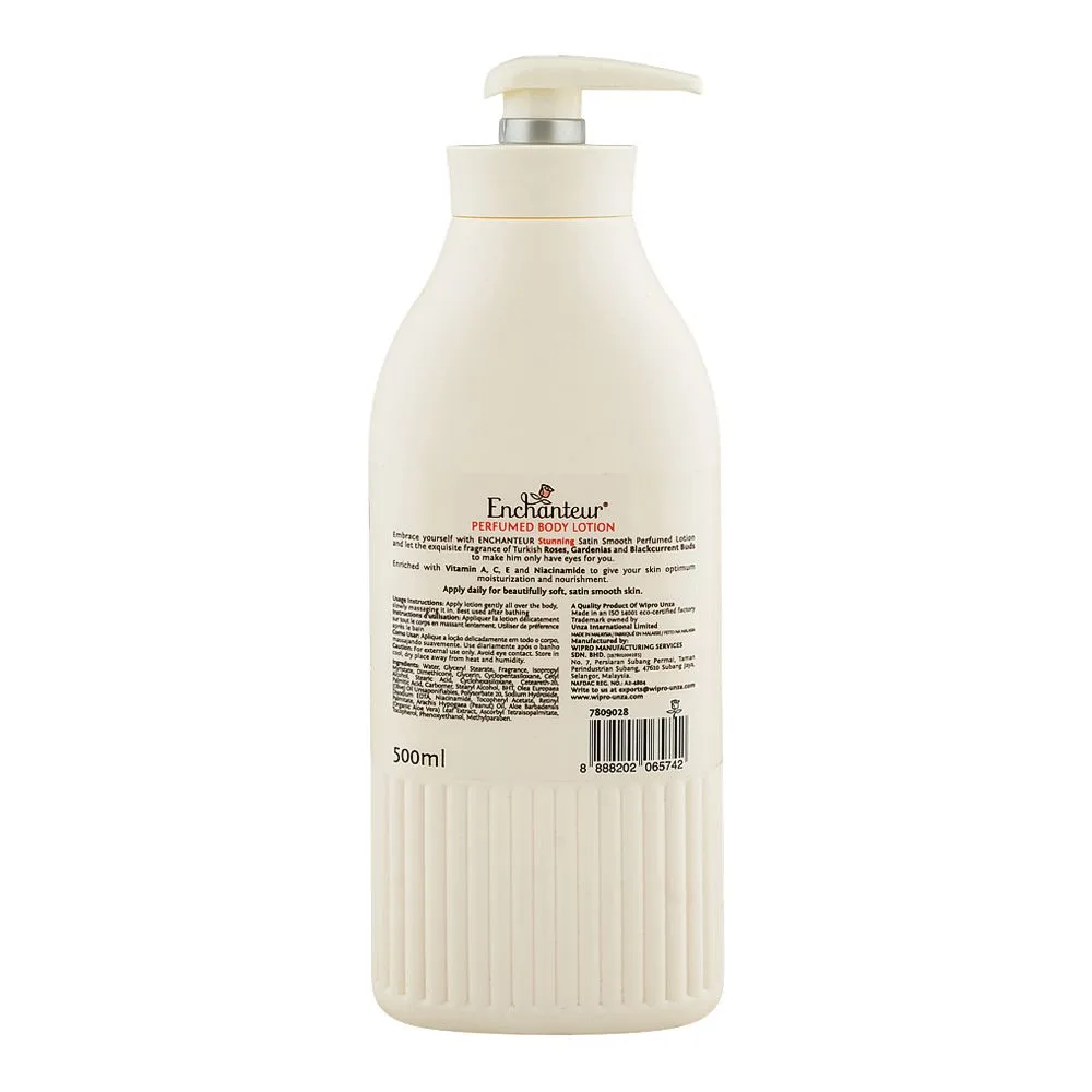 Side view of enchanteur satin smooth stunning perfumed body lotion pump, vitamin a & c, niacinamide, for radiant skin, 500ml
