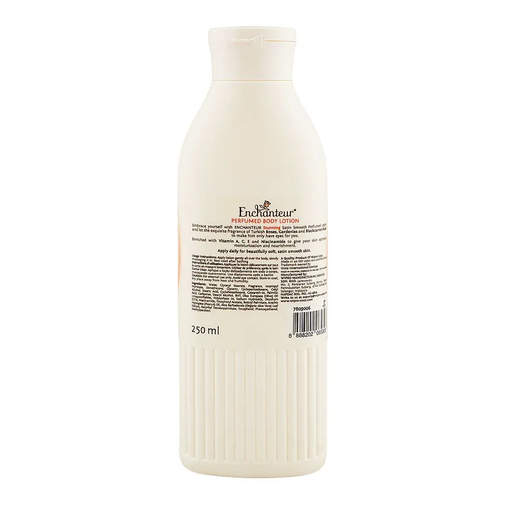 Side view of enchanteur satin smooth stunning perfumed body lotion, vitamin a & c, niacinamide, for radiant skin, 250ml