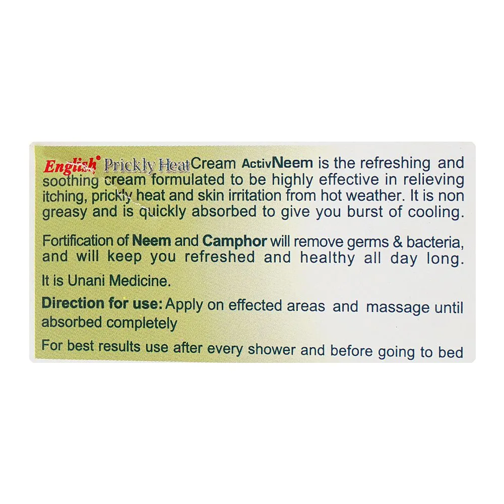 Close-up design of english prickly heat activ neem cream, 80g