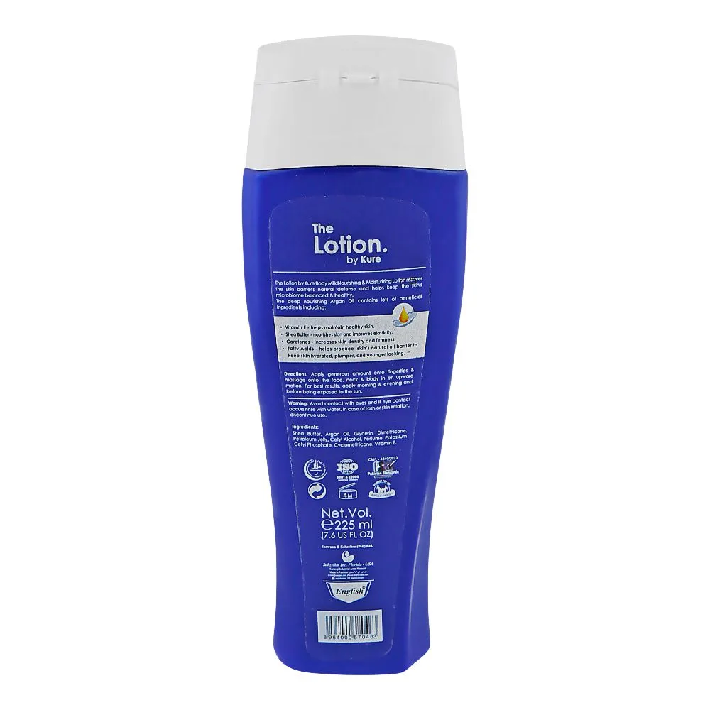 Side view of english the lotion by kure body milk nourishing body lotion, for all types of skin, 225ml