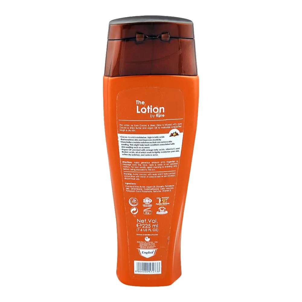 Side view of english the lotion by kure cocoa & shea glow body lotion, for dry skin, 225ml