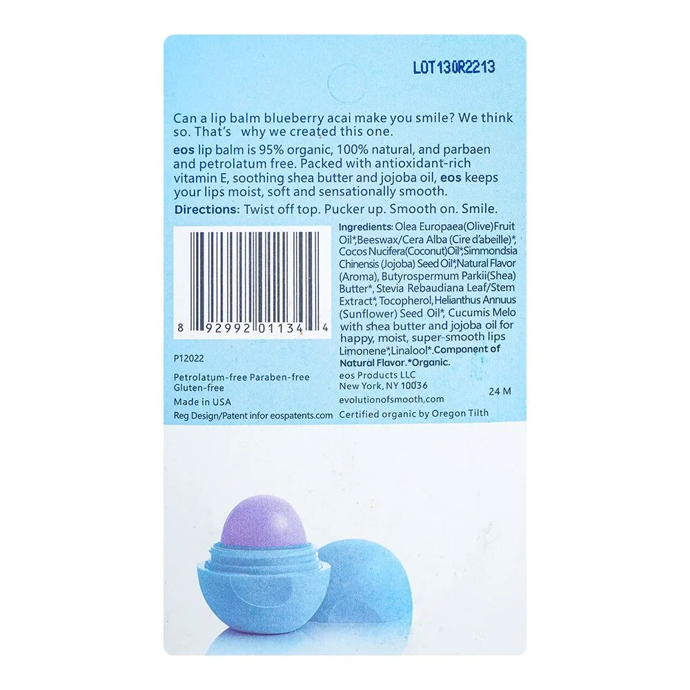 Side view of eos evolution of smooth blueberry acai lip balm, 7g