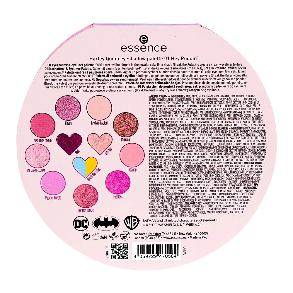 ence Harley Quinn Eyeshadow Palette, 12 Shades, 01 Hey Puddin shades and color detail