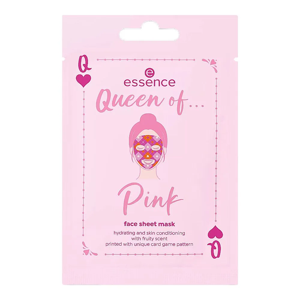 Side view of essence queen of pink face sheet mask, gluten, oil & paraben free, for radiant & nourished skin, 01 keeping my pink poker face