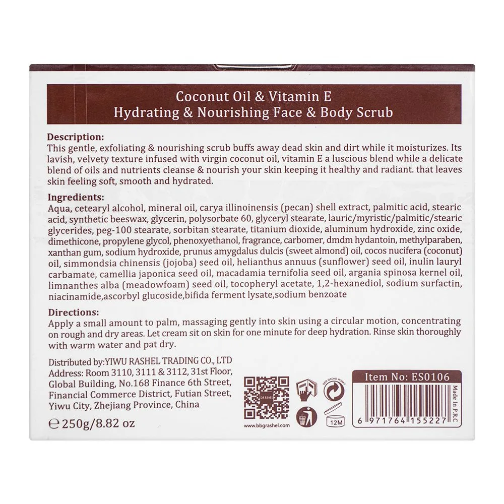 Side view of estelin vitamin e and coconut oil hydrating & nourishing face & body scrub, 250g