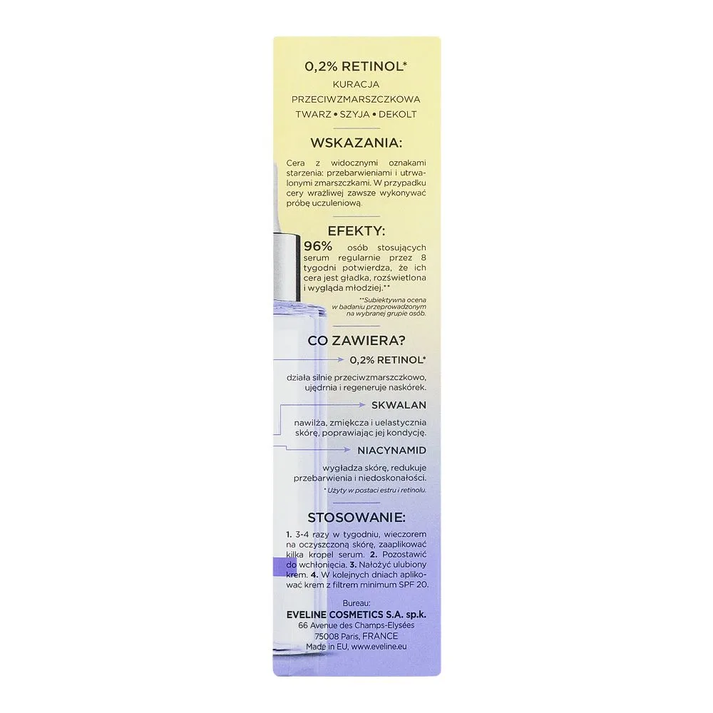 Side view of eveline 0.2% retinol squalene niacinamide serum shot, 30ml