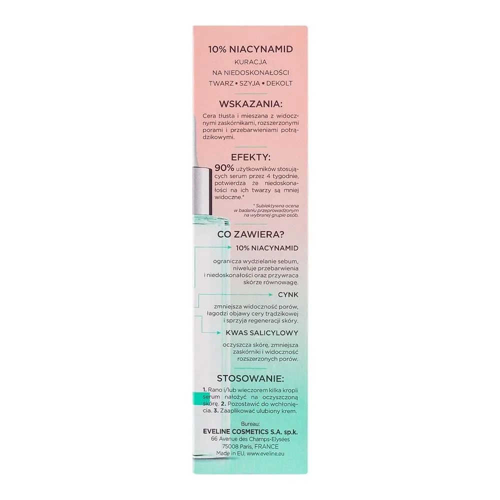 Side view of eveline 10% niacinamide zinc salicylic acid serum shot, 30ml
