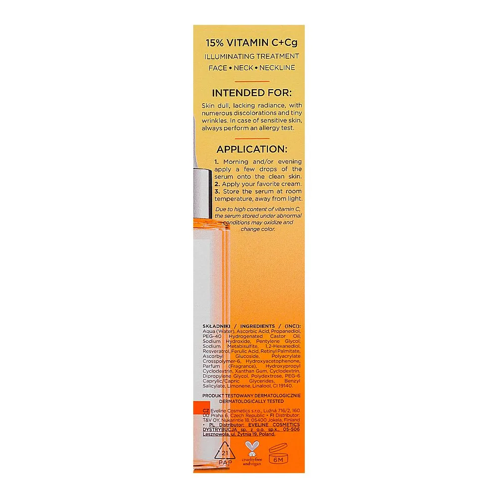 Side view of eveline 15% resveratrol ferulic acid vitamin c + cg serum shot, 30ml