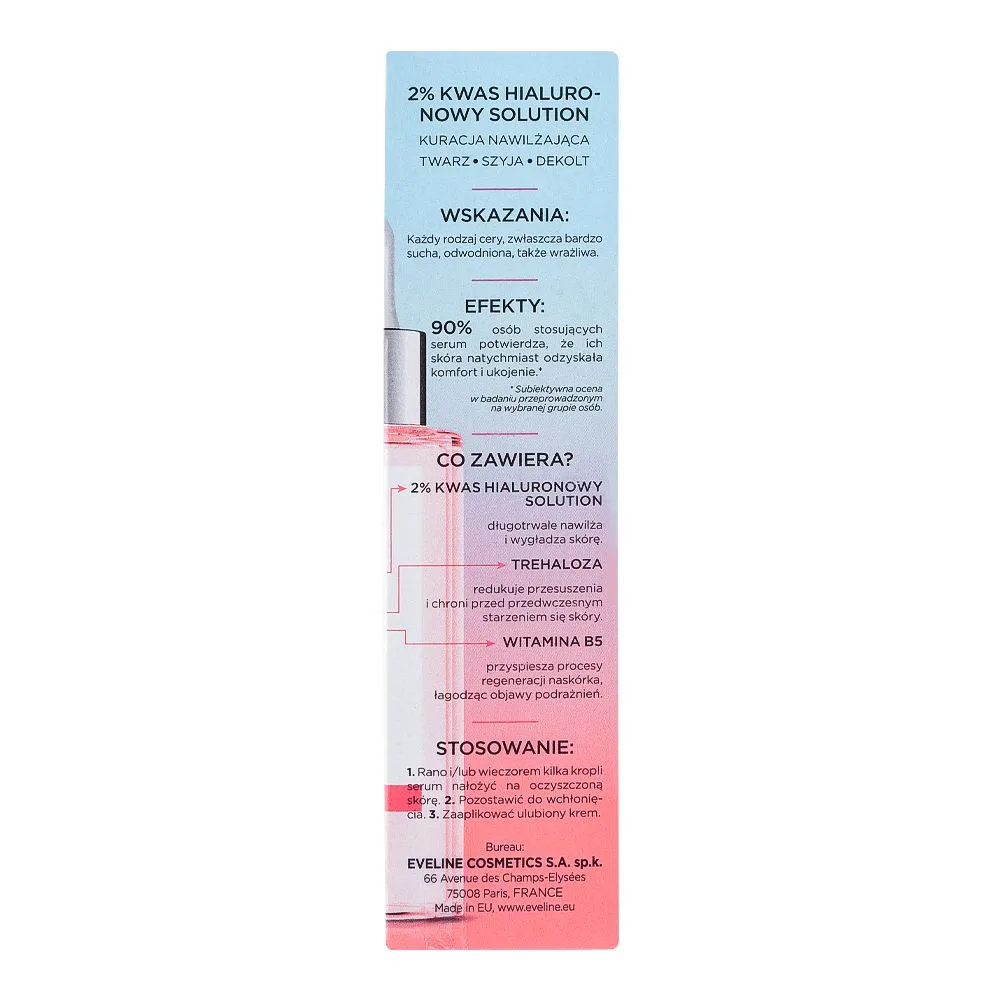 Side view of eveline 2% hyaluronic acid trehalose vitamin b5 serum shot, 30ml