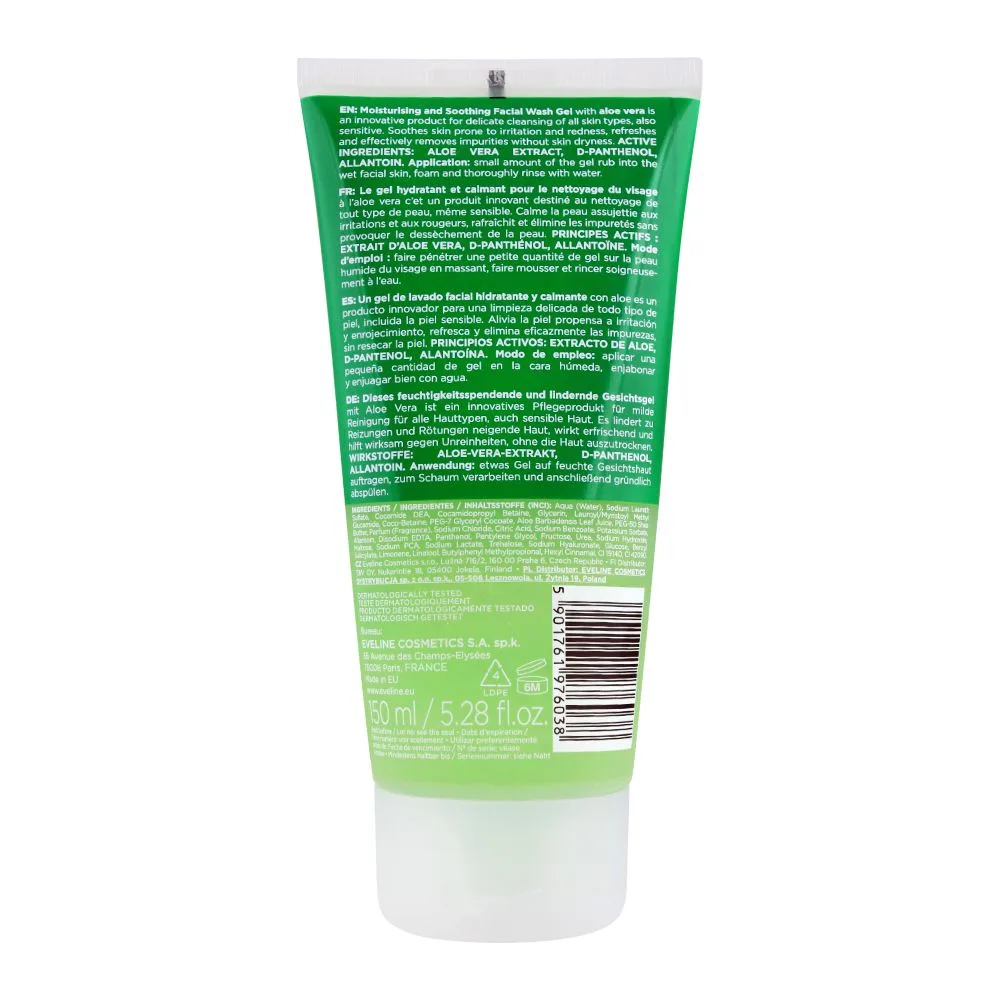 Side view of eveline 3-in-1 facemed 100% bio aloe vera moisturising and soothing facial wash gel, alcohol free, all skin types, 150ml