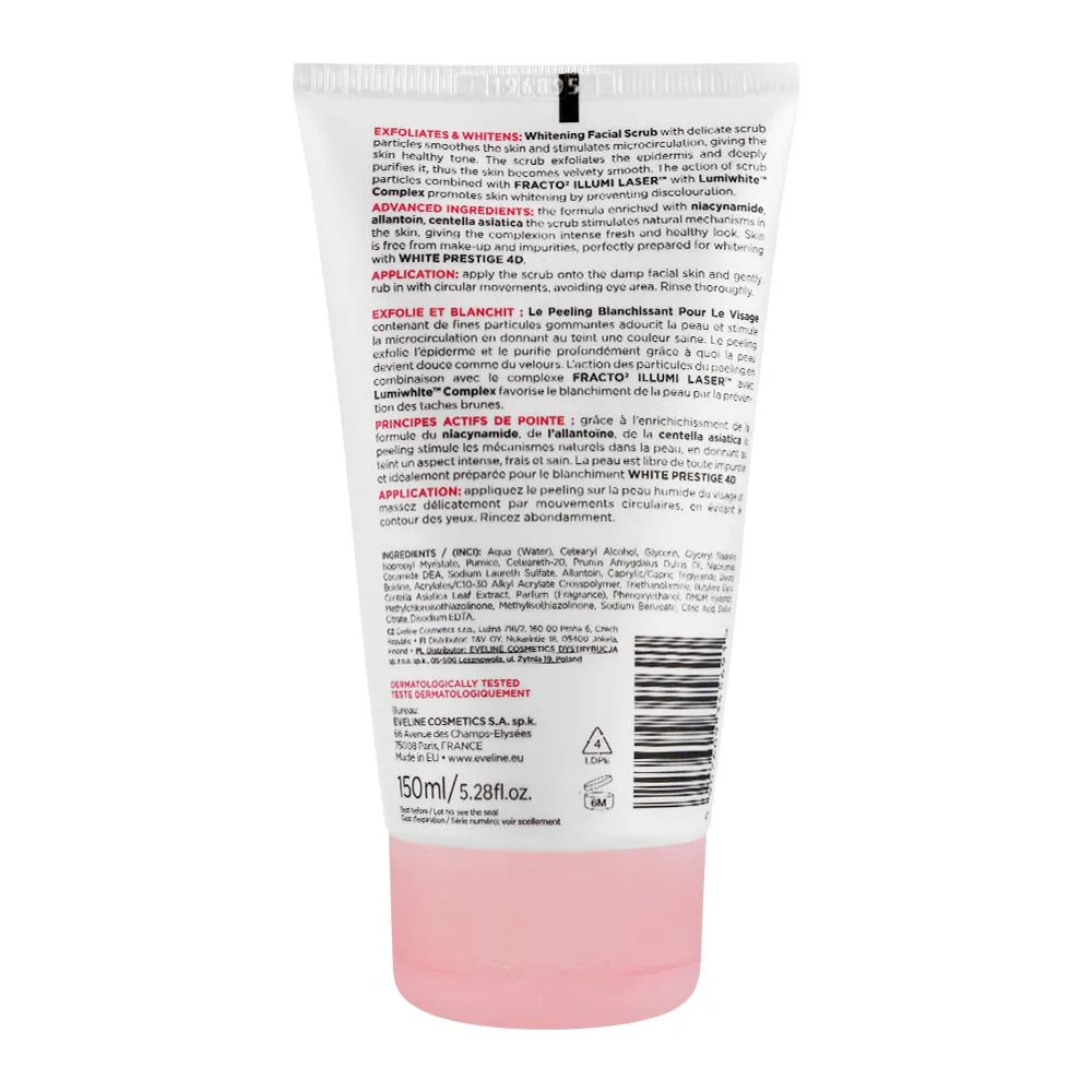 Side view of eveline 48h white prestige 4d 3-in-1 whitening facial scrub, oily & combination skin, 150ml
