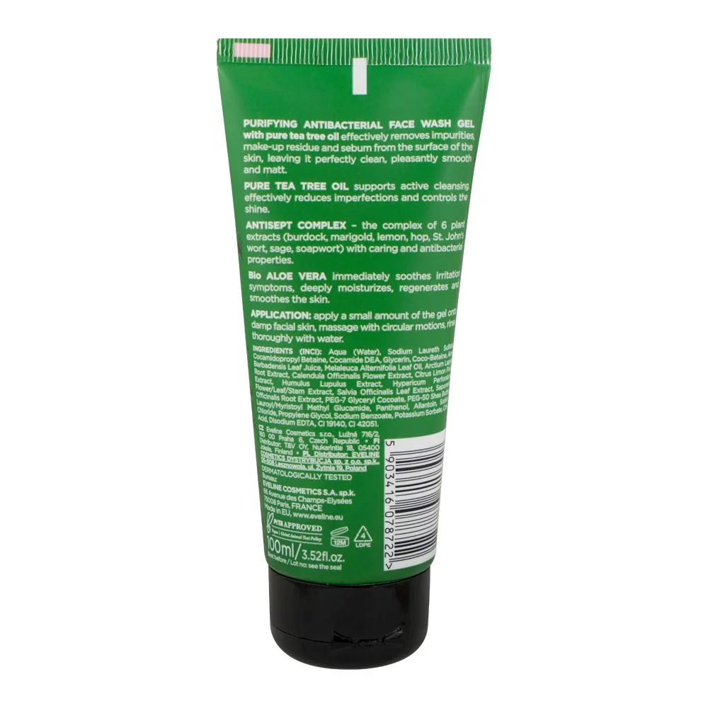 Side view of eveline botanic expert 100% tea tree oil purifying antibacterial face wash gel, 100ml