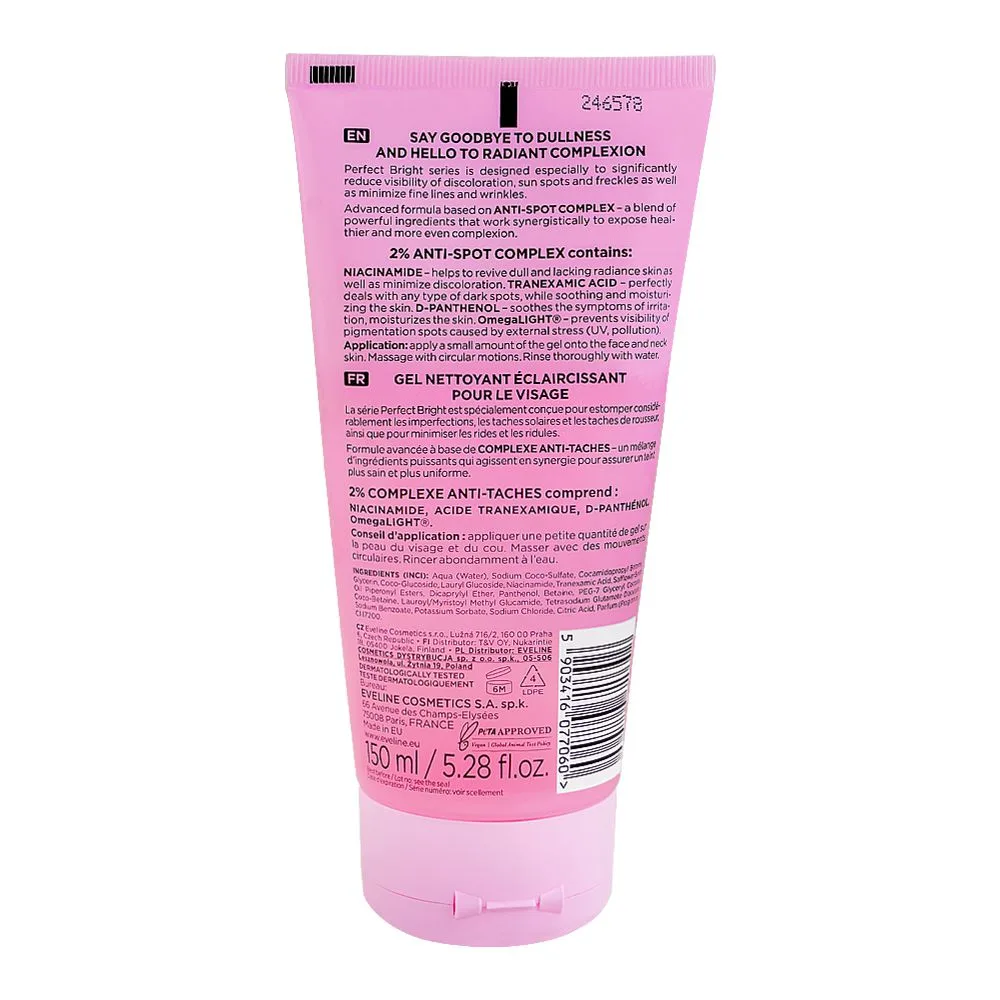 Side view of eveline brightening face cleansing gel, anti dark spots face wash/cleanser, for even-toned radiant skin, 150ml