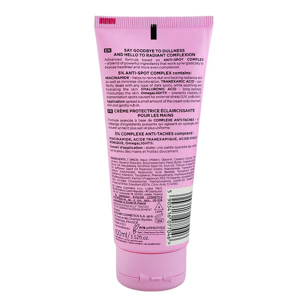 Side view of eveline brightening hand protecting cream, anti dark spots, for even-toned radiant skin, 100ml