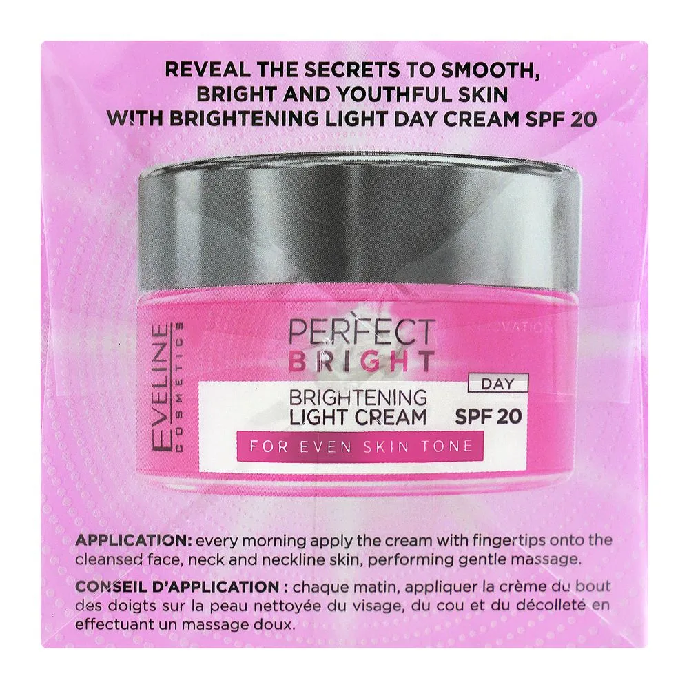 Side view of eveline brightening light day cream spf20, anti dark spots, for even-toned radiant skin, 50ml