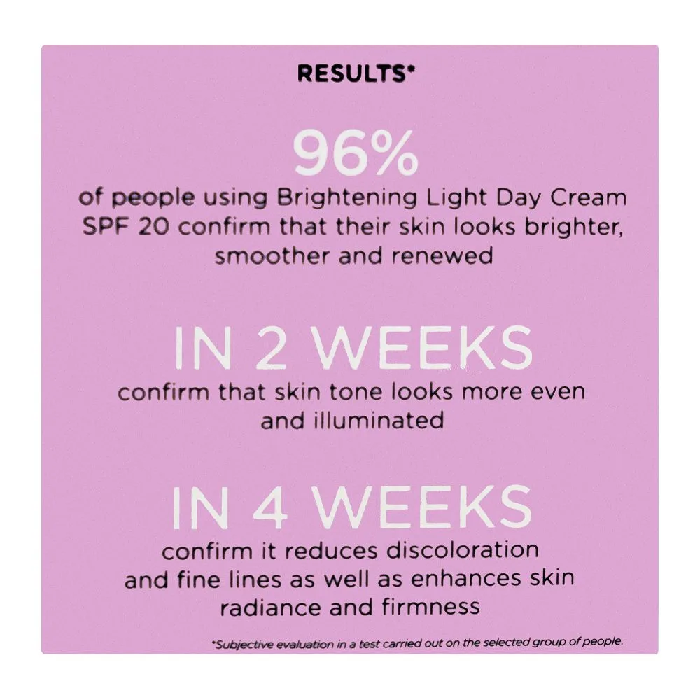Close-up design of eveline brightening light day cream spf20, anti dark spots, for even-toned radiant skin, 50ml