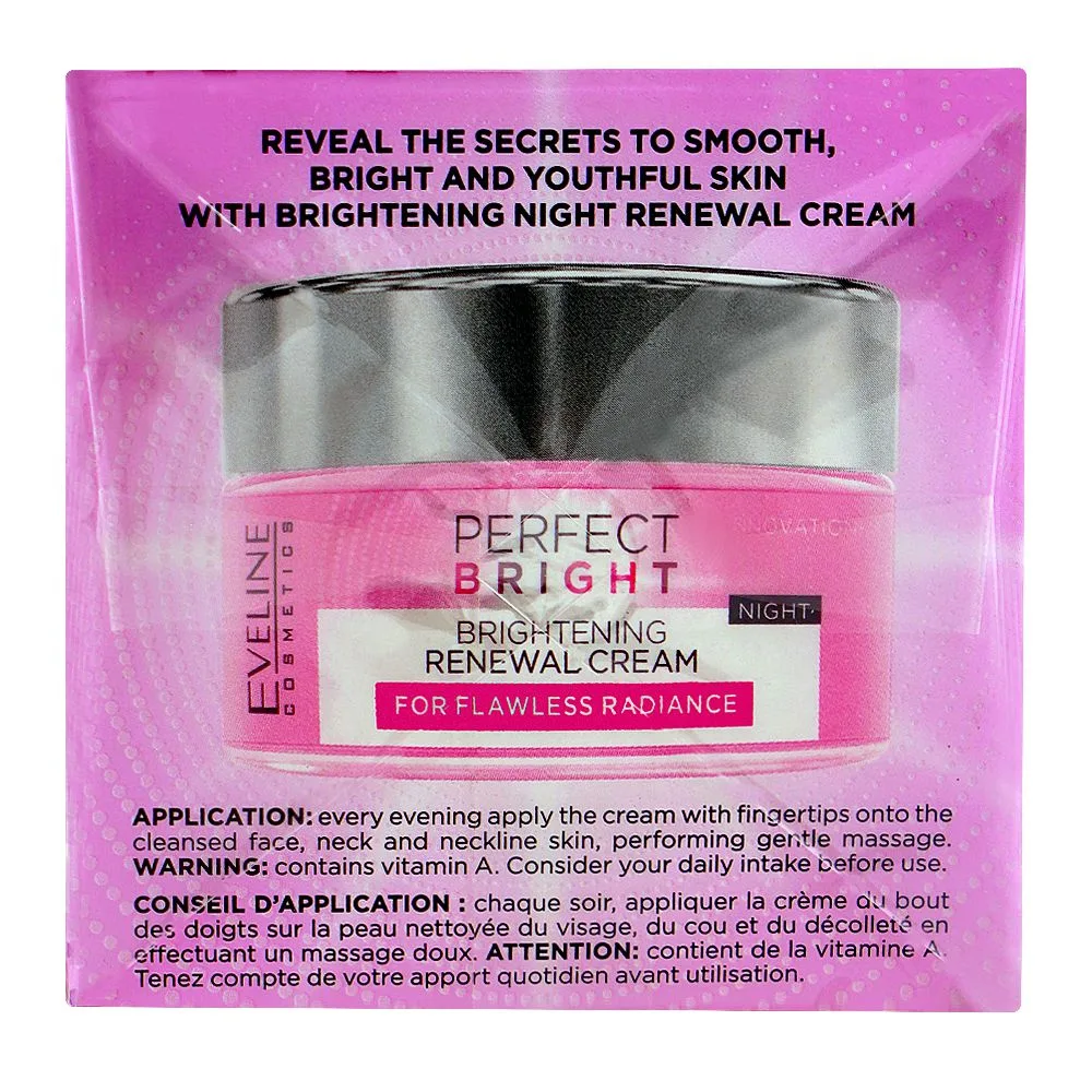 Side view of eveline brightening renewal night cream, anti dark spots, for even-toned radiant skin, 50ml