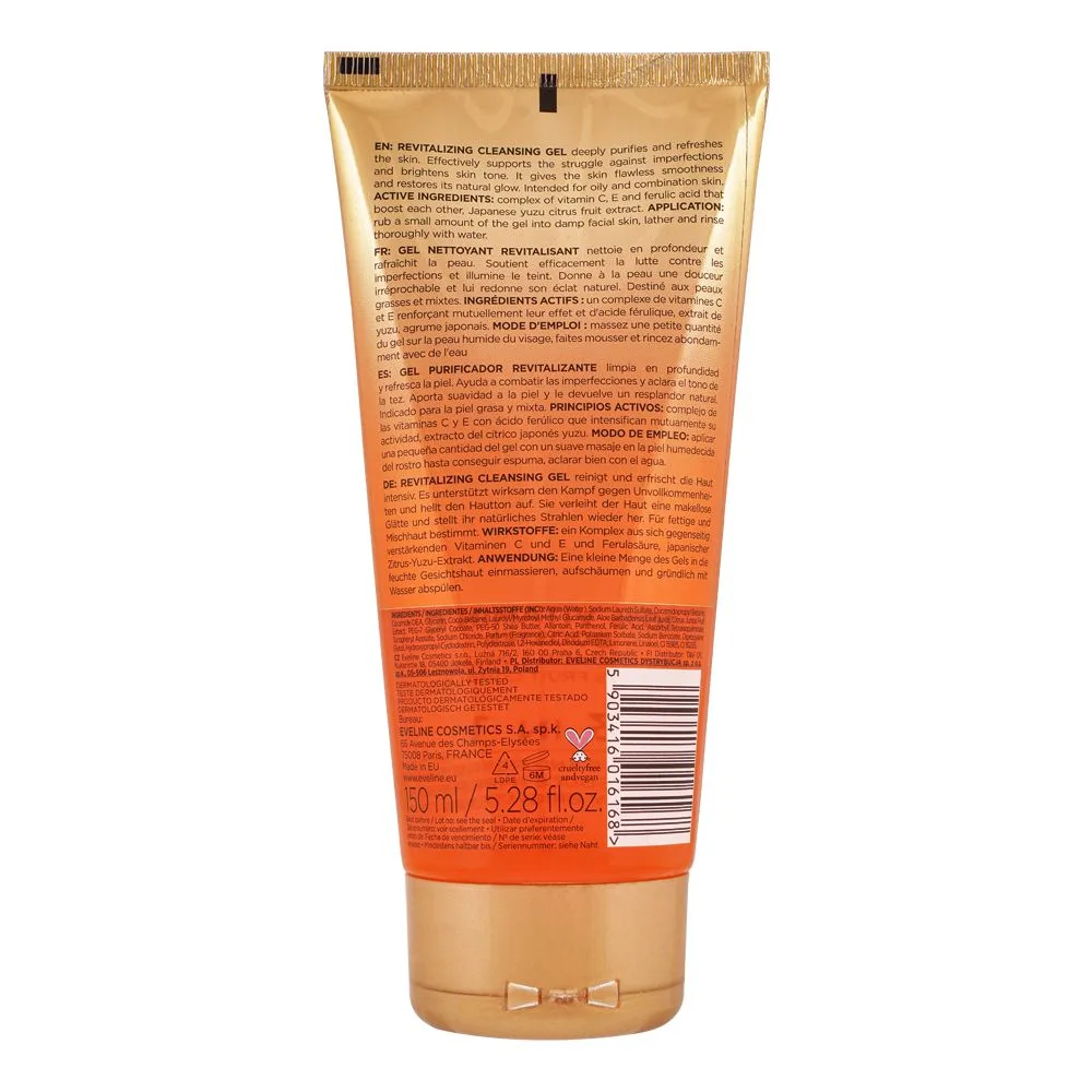 Side view of eveline c sensation 3 in 1 10% vitamin c booster revitalizing cleansing gel, 150ml
