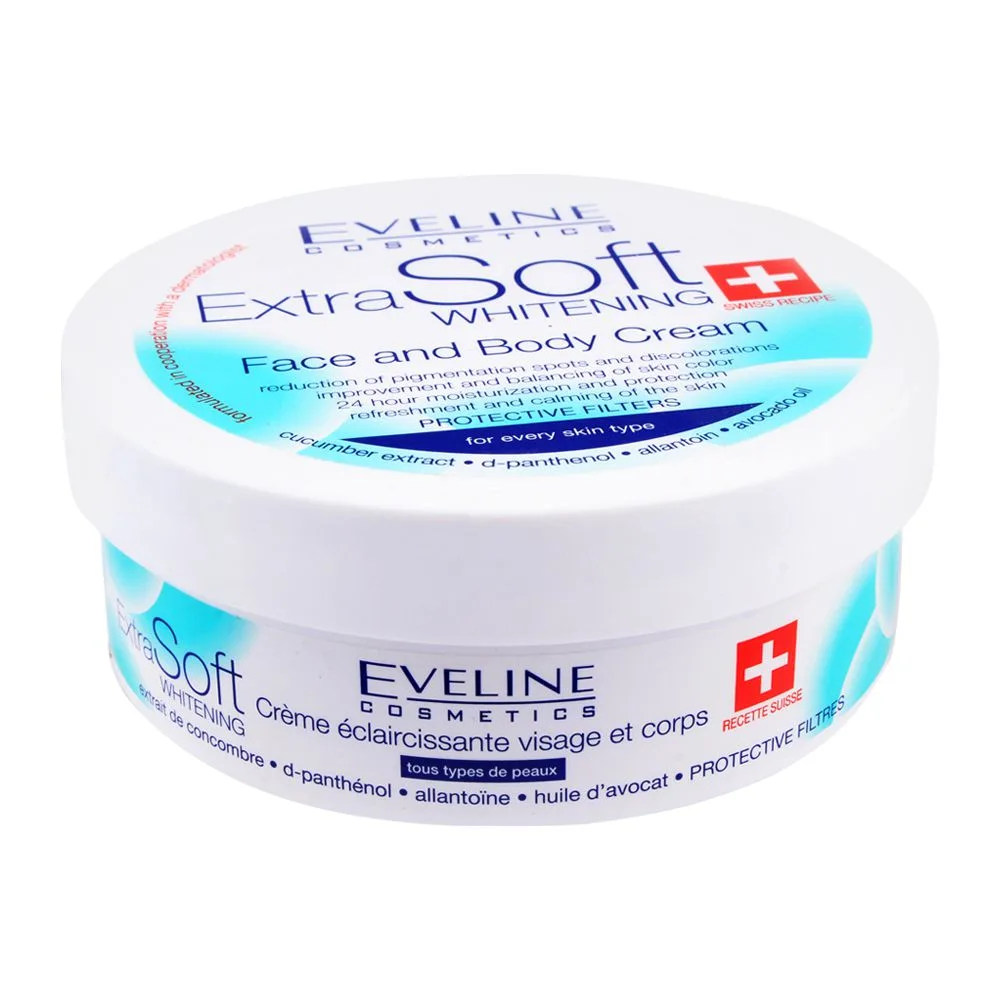 Side view of eveline extra soft whitening face and body cream, all skin types, 200ml