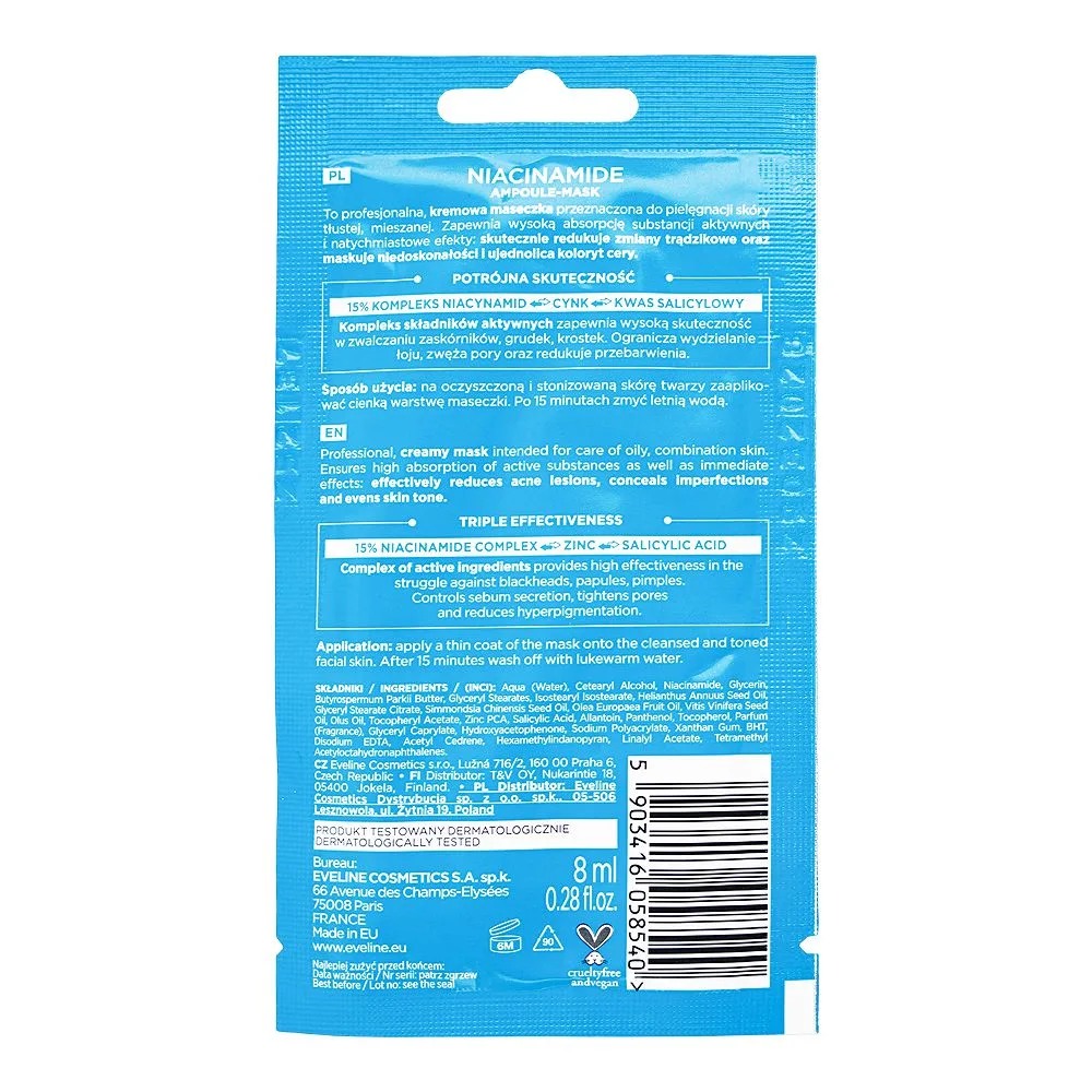 Side view of eveline face therapy niacinamide ampoule serum, niacinamide, salicylic acid, for oily skin, 8ml