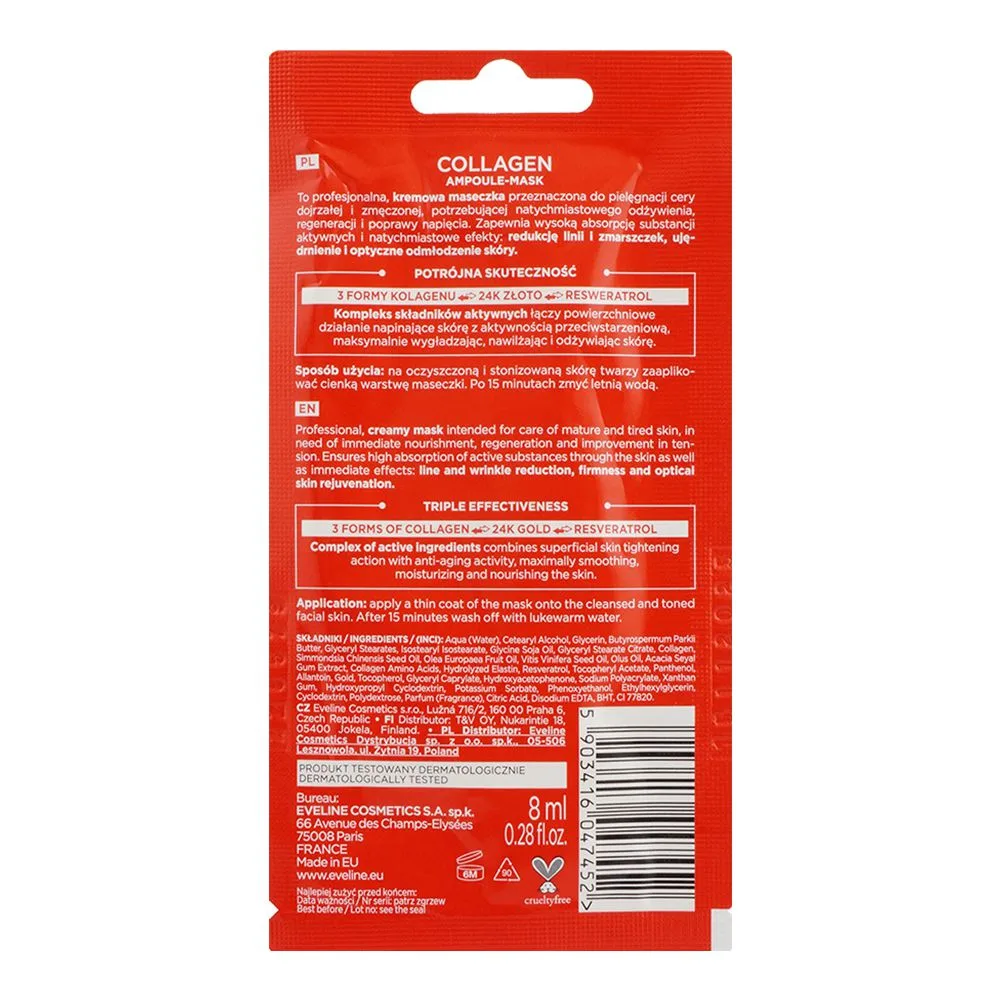 Side view of eveline face therapy professional collagen ampoule mask, 8ml