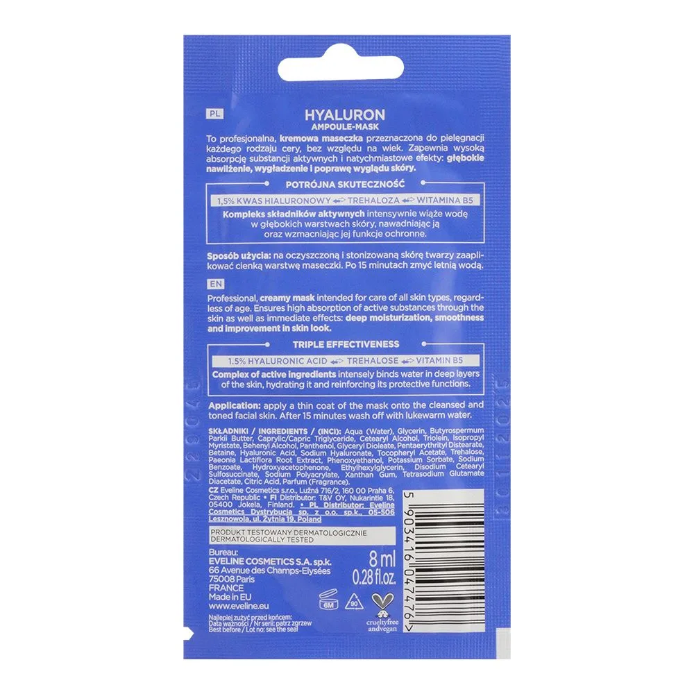 Side view of eveline face therapy professional hyaluron ampoule mask, 8ml