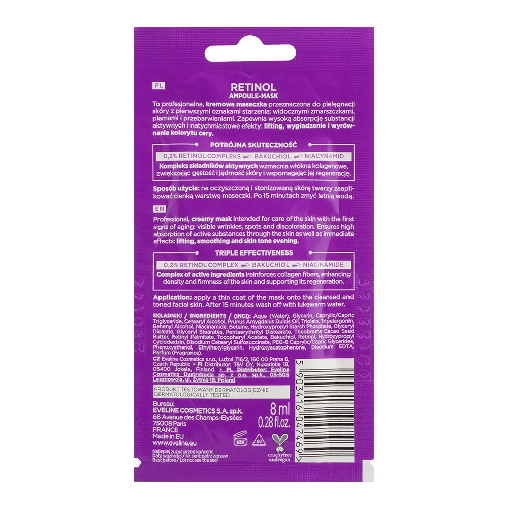 Side view of eveline face therapy professional retinol ampoule mask, 8ml