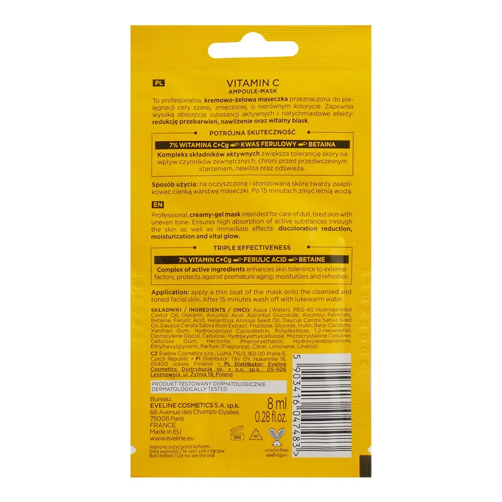 Side view of eveline face therapy professional vitamin c ampoule mask, 8ml