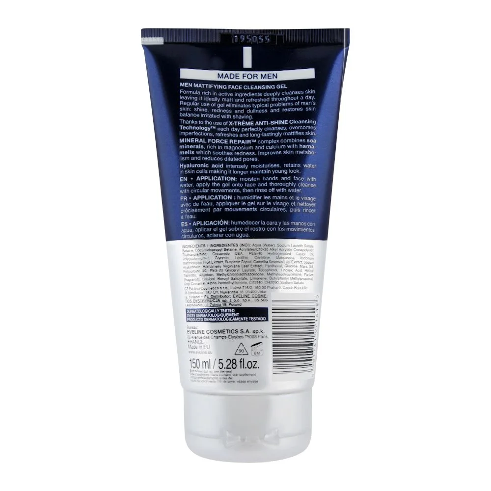 Side view of eveline men 6-in-1 xtreme matt mattifying face cleansing gel, 150ml