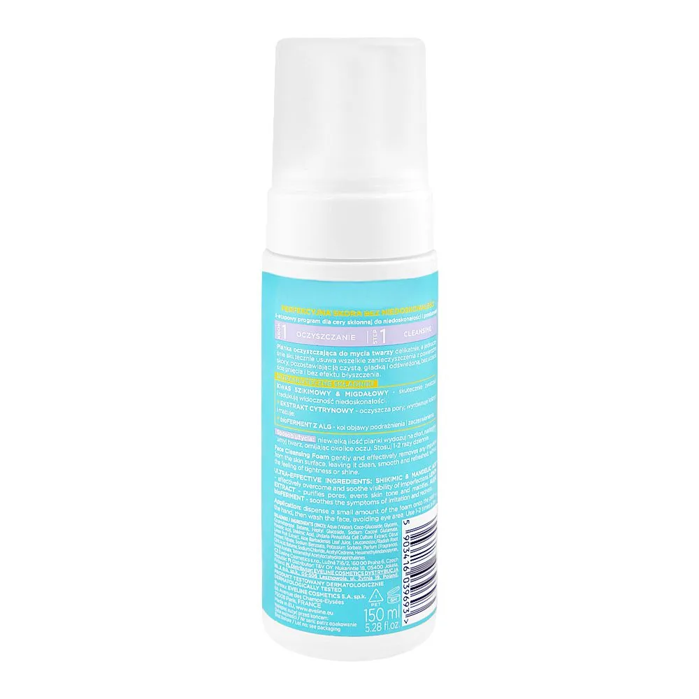 Side view of eveline perfect skin acne antibacterial face cleansing foam, 150ml