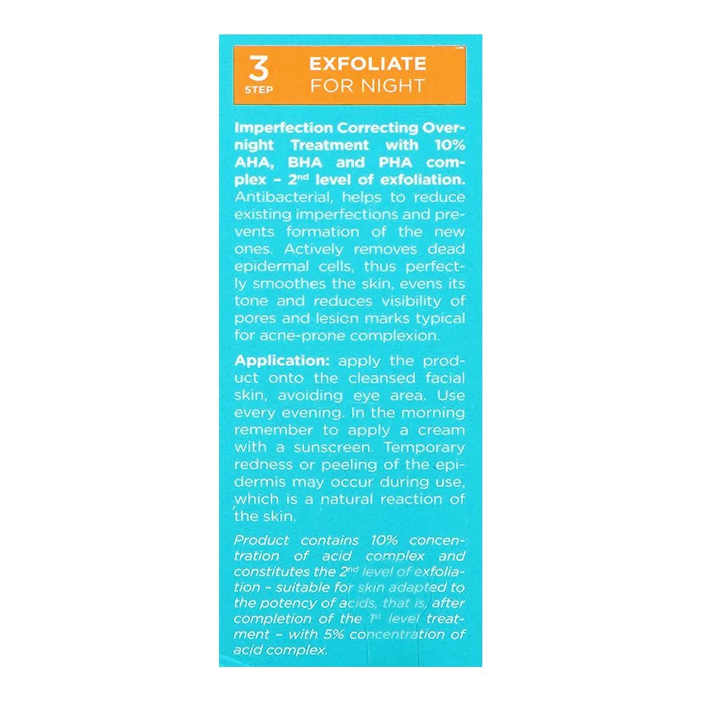Close-up design of eveline perfect skin acne overnight treatment 2nd level of exfoliation, niacinamide, salicylic acid, for all types of skin, 30ml