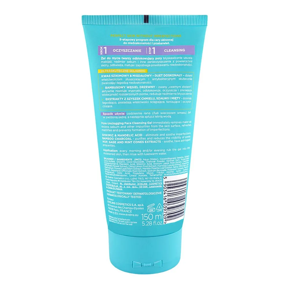Side view of eveline perfect skin acne pore unclogging face cleansing antibacterial gel, 150ml