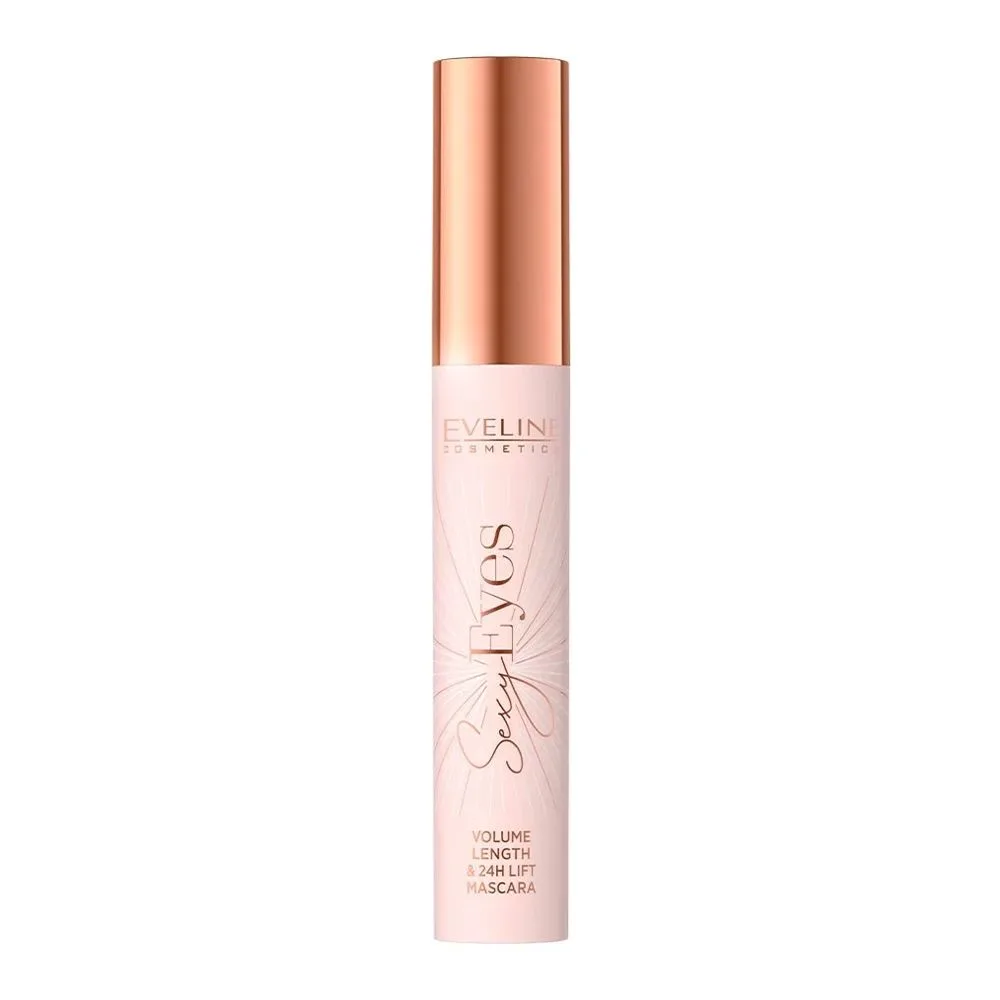 Side view of eveline sexy eyes volume length & 24h lift mascara, extra black, 7ml