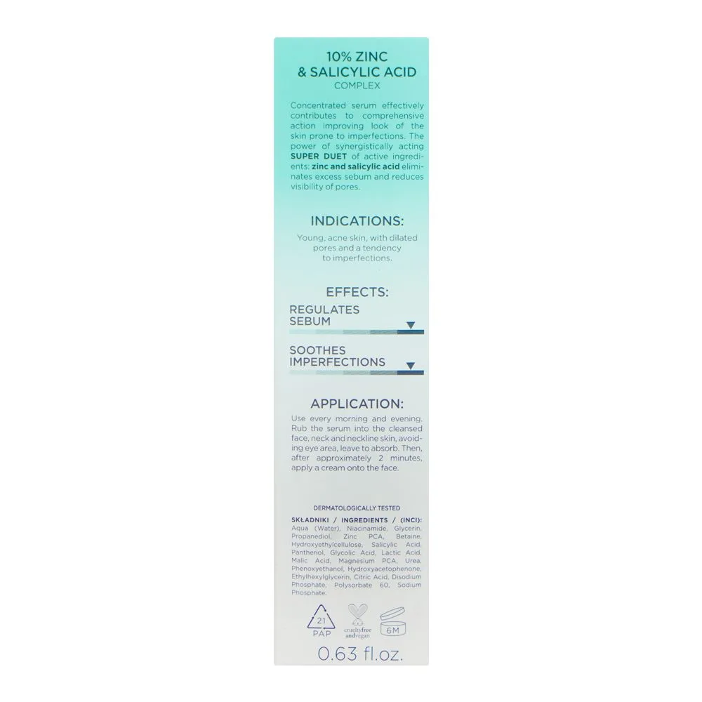 Side view of eveline super duet 10% zinc & salicylic acid complex anti-blemish serum, 18ml