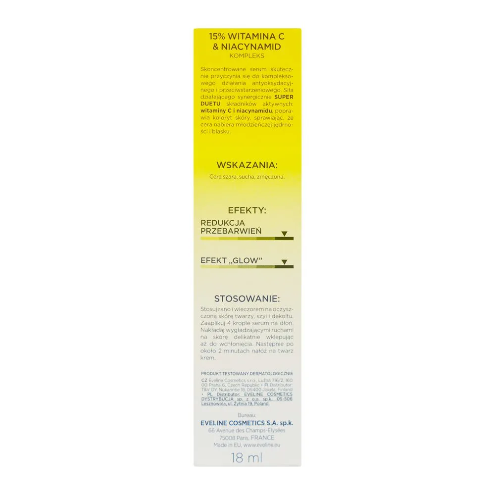 Side view of eveline super duet 15% vitamin c & niacinamide complex serum against discoloration, 18ml