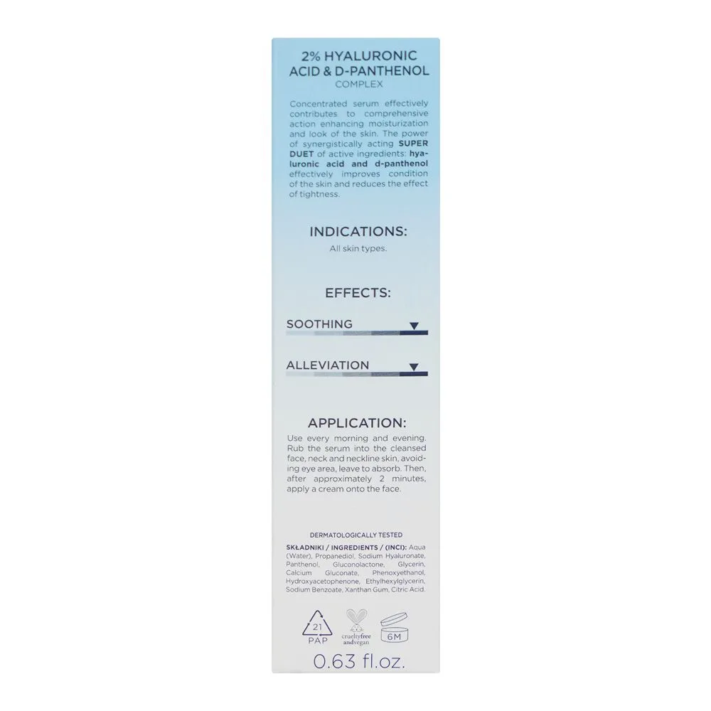 Side view of eveline super duet 2% hyaluronic acid & d-panthenol complex moisturizing serum, 18ml