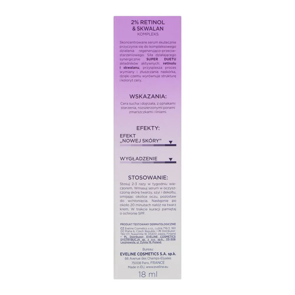Side view of eveline super duet 2% retinol & squalane complex repair serum, 18ml