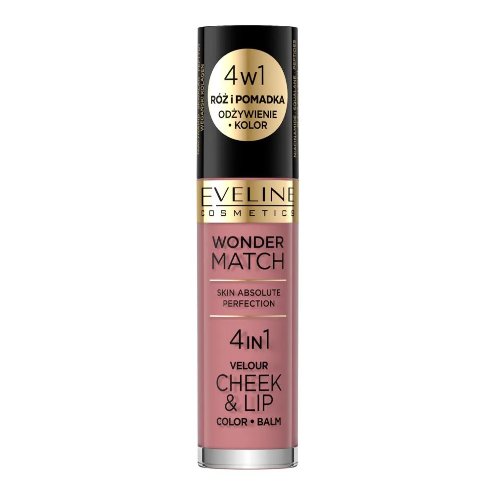 Side view of eveline wonder match skin absolute perfection 4-in-1 velour cheek & lip color + balm, 02