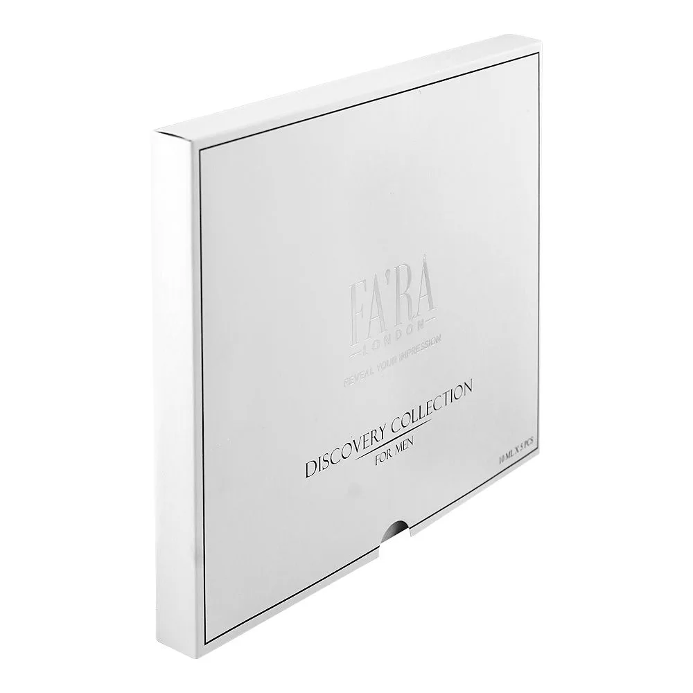 Side view of fa'ra men discovery eau de parfum set, for women, jour + legend night + the blue + oud gold + pour homme 5 x 10ml