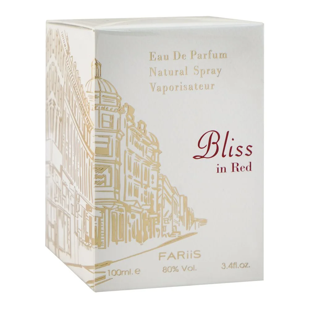 Side view of fariis bliss in red, eau de parfum, for men & women, 100ml