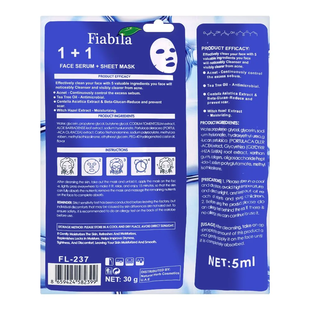 Side view of fiabila acne + clear face serum + sheet mask, 30g